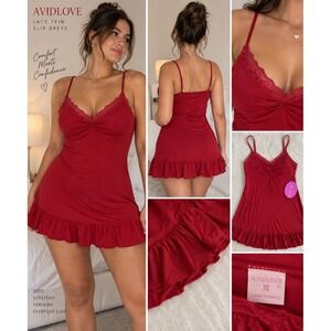 Avidlove Red Lace Trim Ruffle Hem Chemise Nightgown XL NWT
